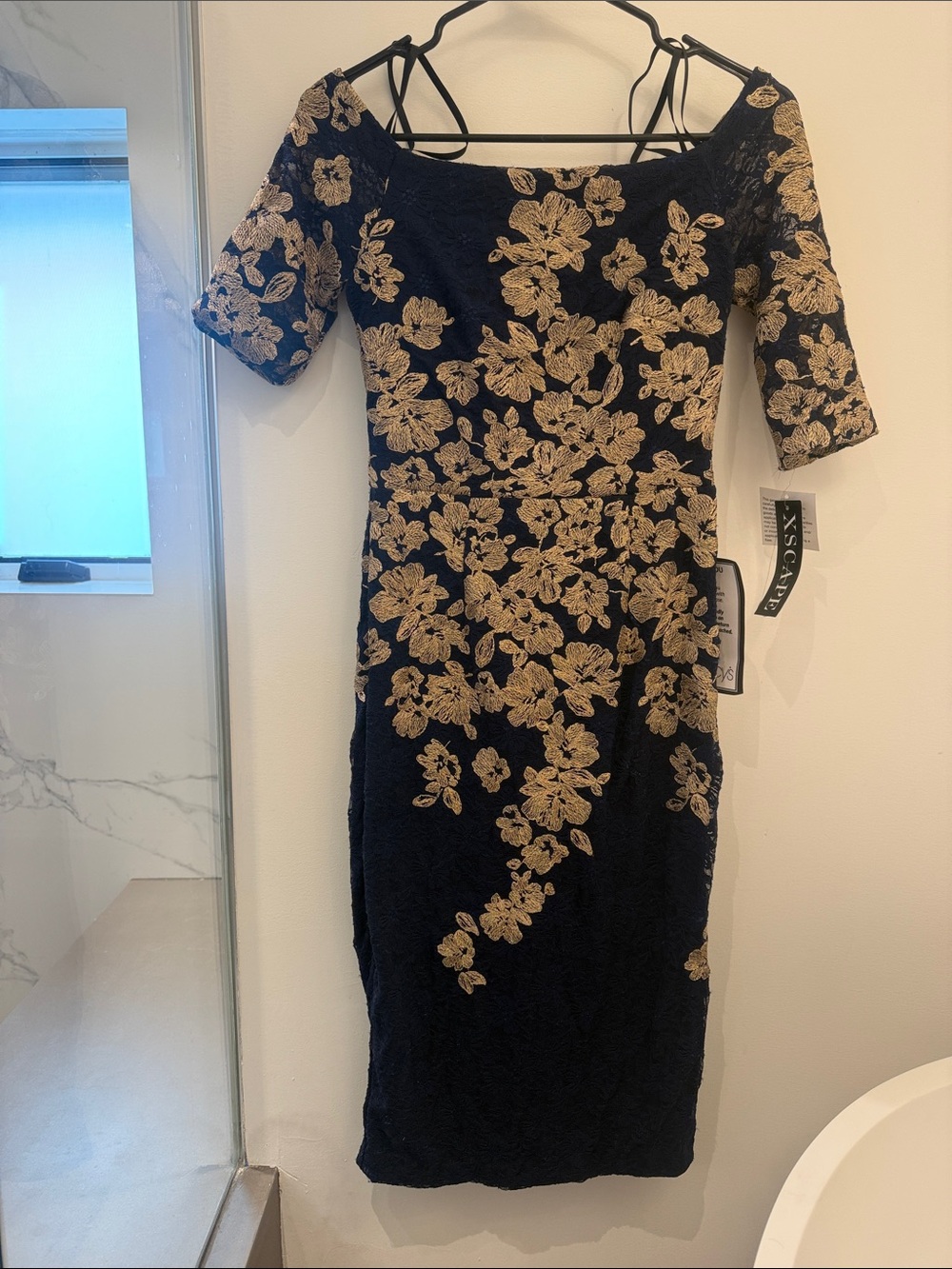 Xscape Navy Midi Dress with Gold Floral Lace